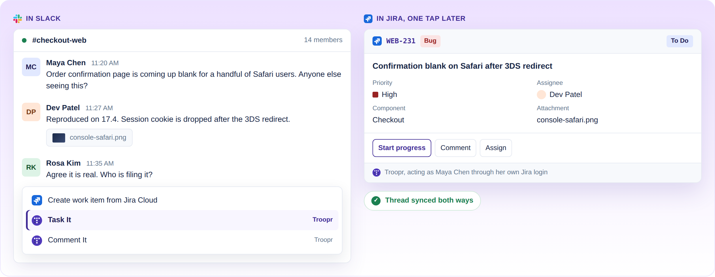 Creating a Jira ticket from a Slack thread with Troopr's Task It message action: the More actions menu in a Slack channel on the left, and the finished Jira issue WEB-231 with summary, priority, assignee and screenshot already filled on the right