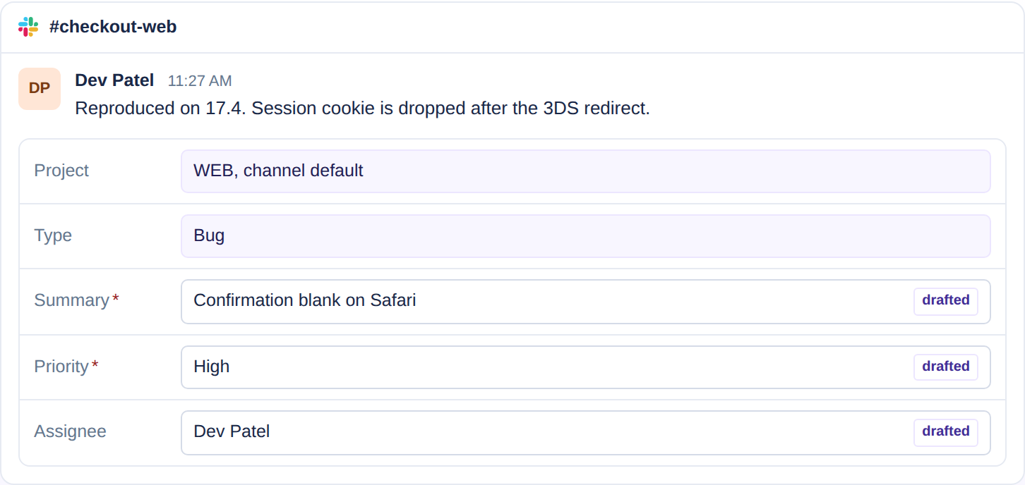 Troopr's Task It create form in Slack with the project and issue type taken from channel defaults and the summary, priority and assignee fields marked as drafted