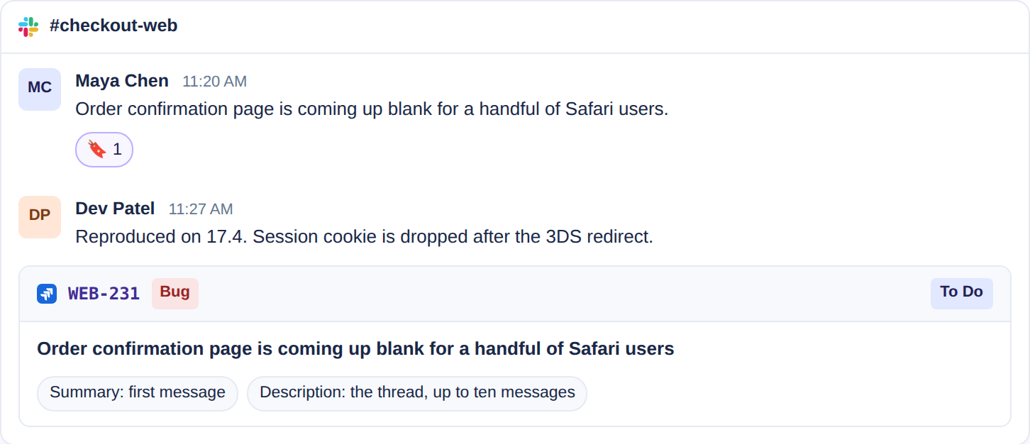 Creating a Jira ticket from a whole Slack thread with Troopr's multi-message action: a reaction marks the first message, Task It runs on the last, and the resulting issue carries the first message as its summary