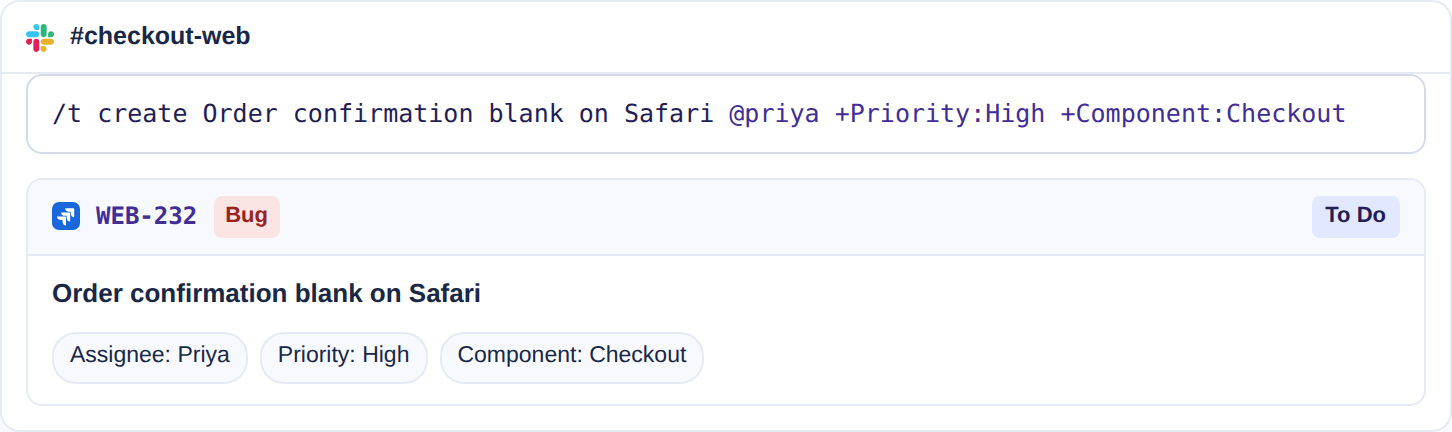 The /t create slash command in Slack with inline assignee, priority and component fields, and the Jira issue WEB-232 it produced