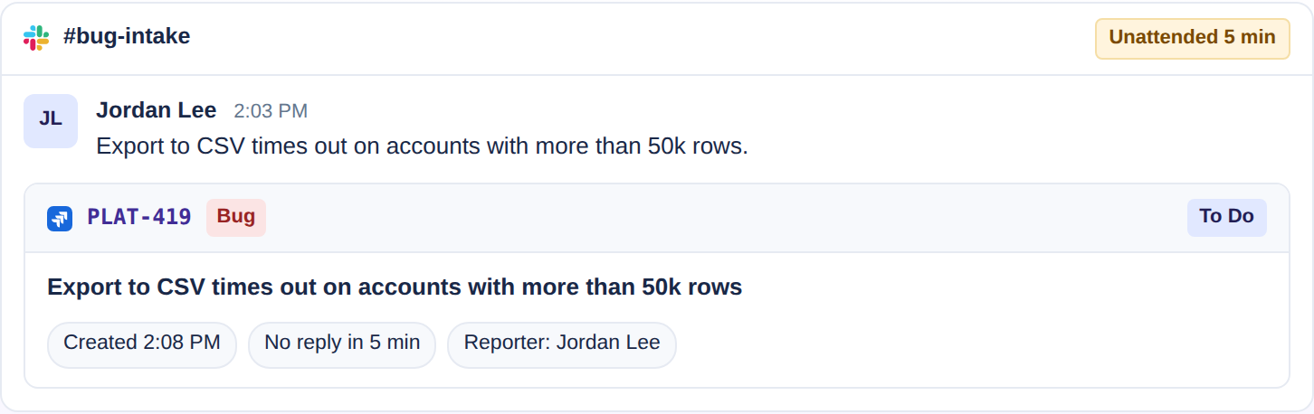 Troopr auto-create in a Slack intake channel: a message that got no reply for five minutes has become Jira issue PLAT-419 with the reporter carried over
