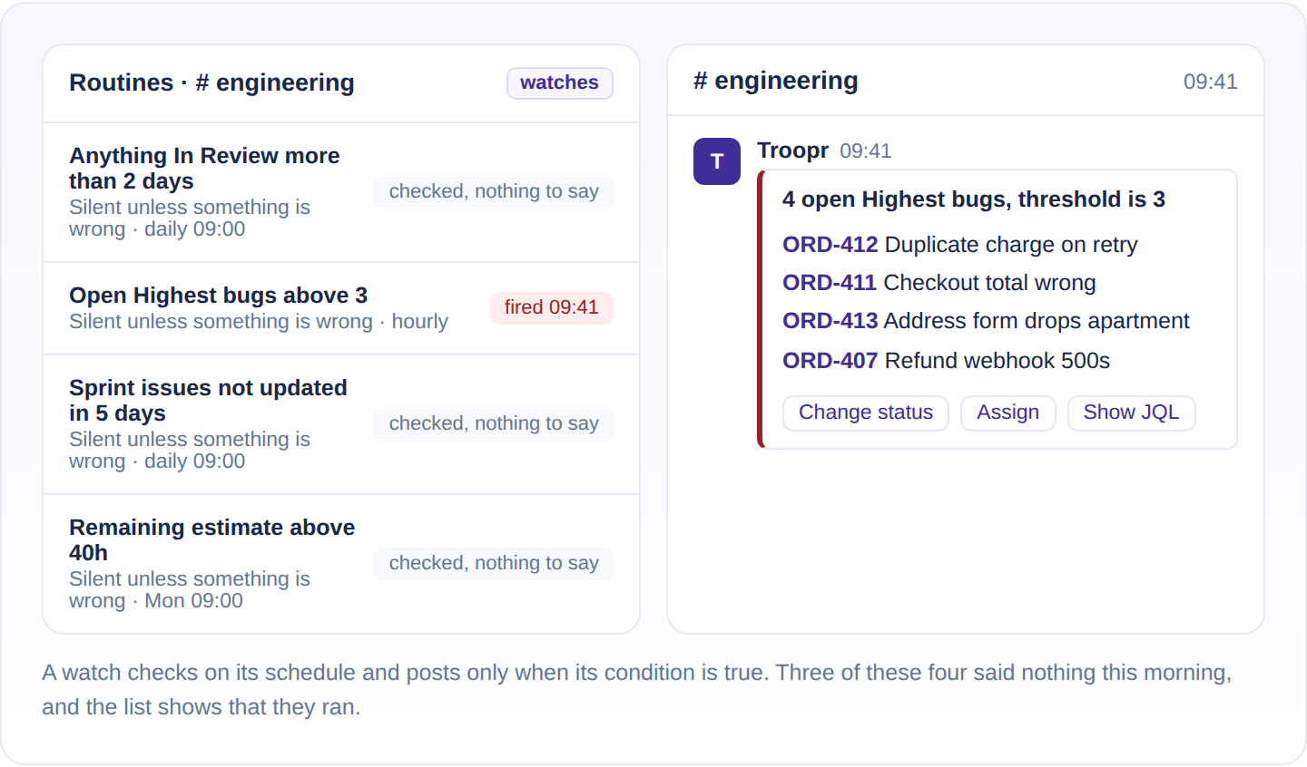 A list of watch routines, three reading checked nothing to say and one fired, beside the message the fired watch posted listing four open Highest bugs.
