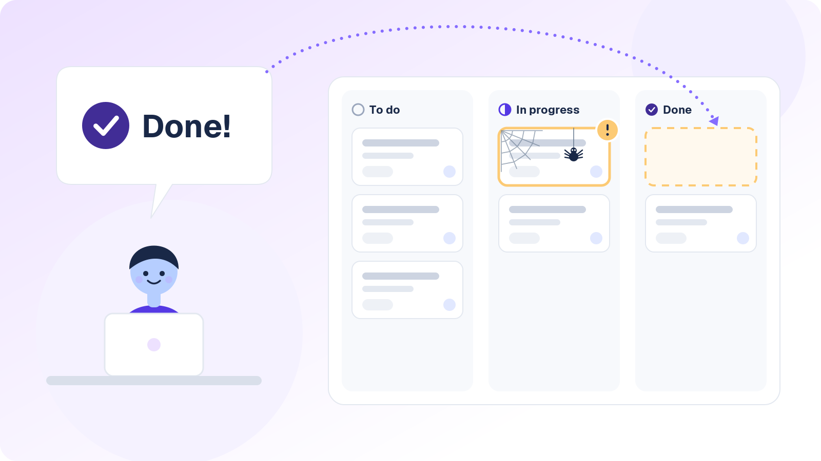 Illustration of a teammate saying done while the matching ticket sits in the In Progress column collecting cobwebs