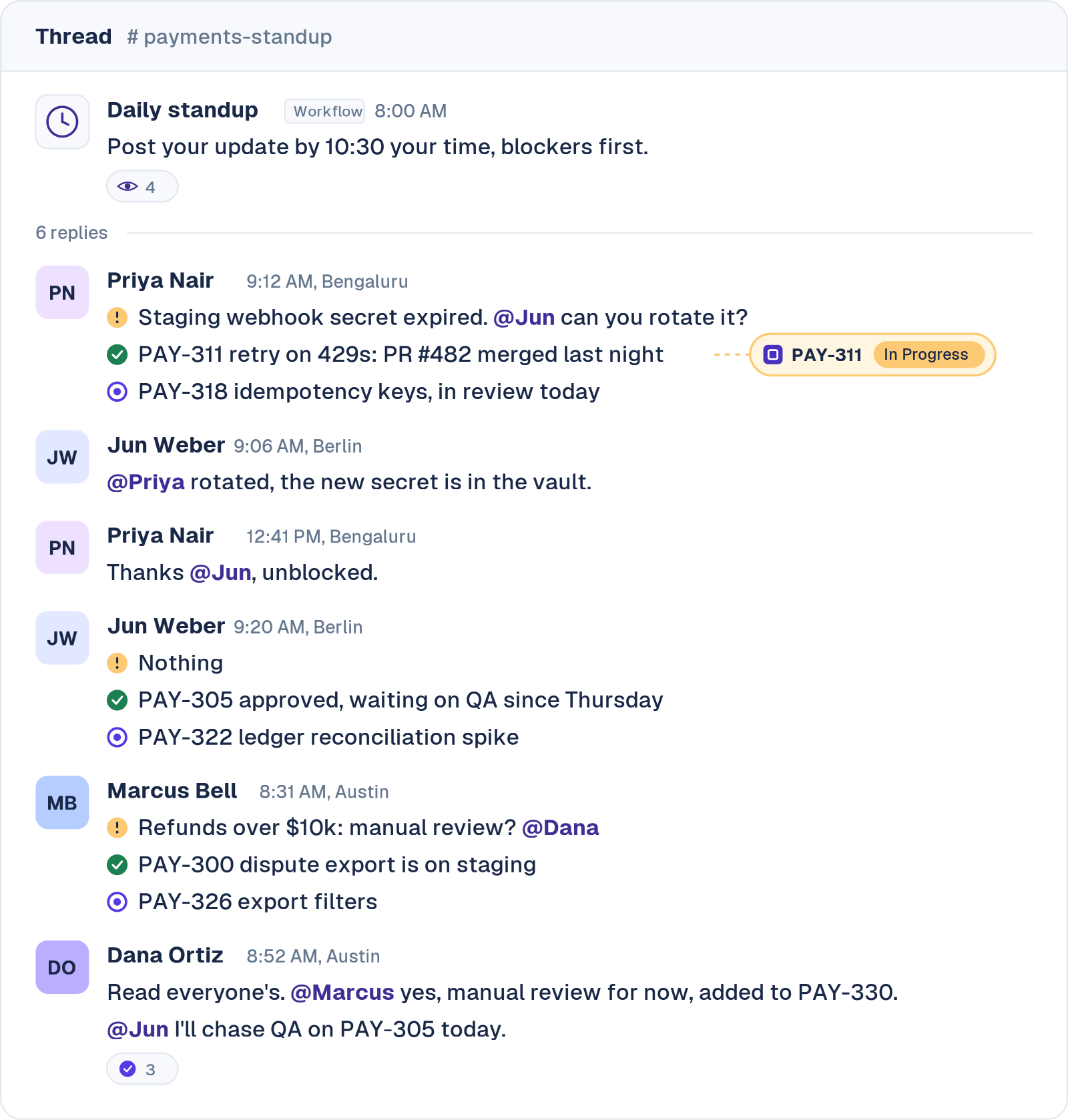 Example async standup thread in Slack for a payments team in Bengaluru, Berlin and Austin, with a merged pull request whose Jira ticket still says In Progress