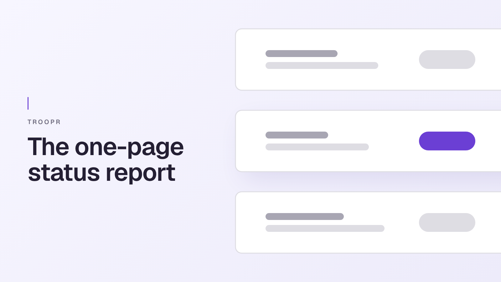 The one-page status report: three stacked report cards with the middle card's status marked in violet