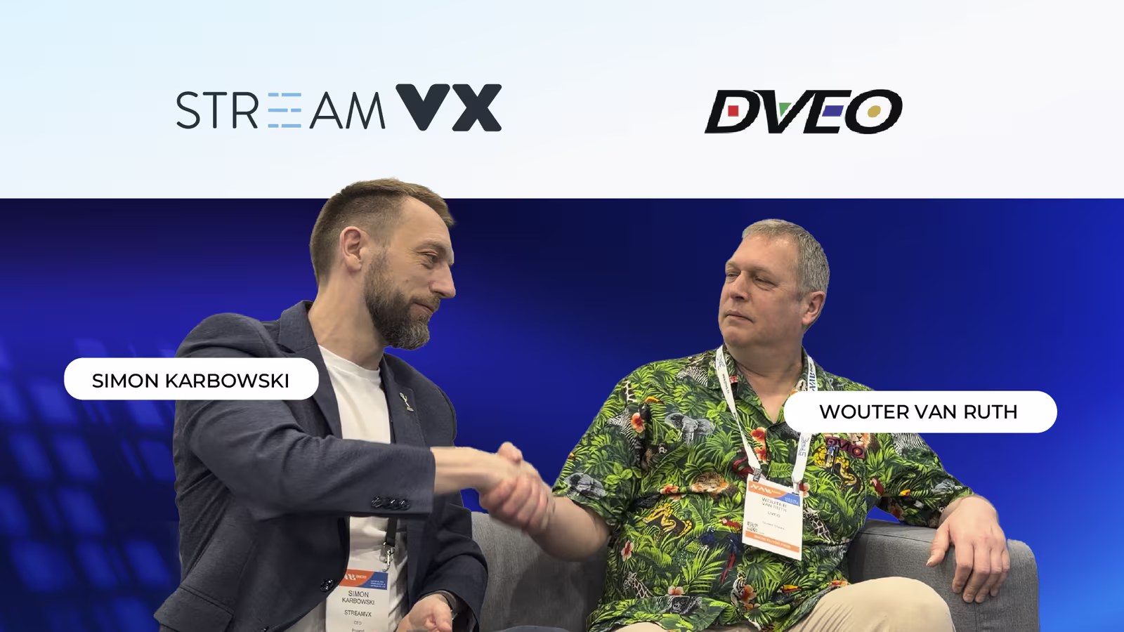 Main illustration of the StreamVX and DVEO partnership article: Szymon Karbowski of StreamVX in conversation with Wouter van Ruth of DVEO at NAB Show 2026