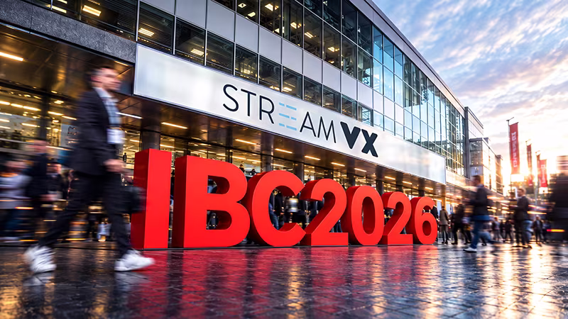 Thumbnail of the IBC 2026 recap: the red IBC2026 letters in front of RAI Amsterdam with the StreamVX banner above the entrance
