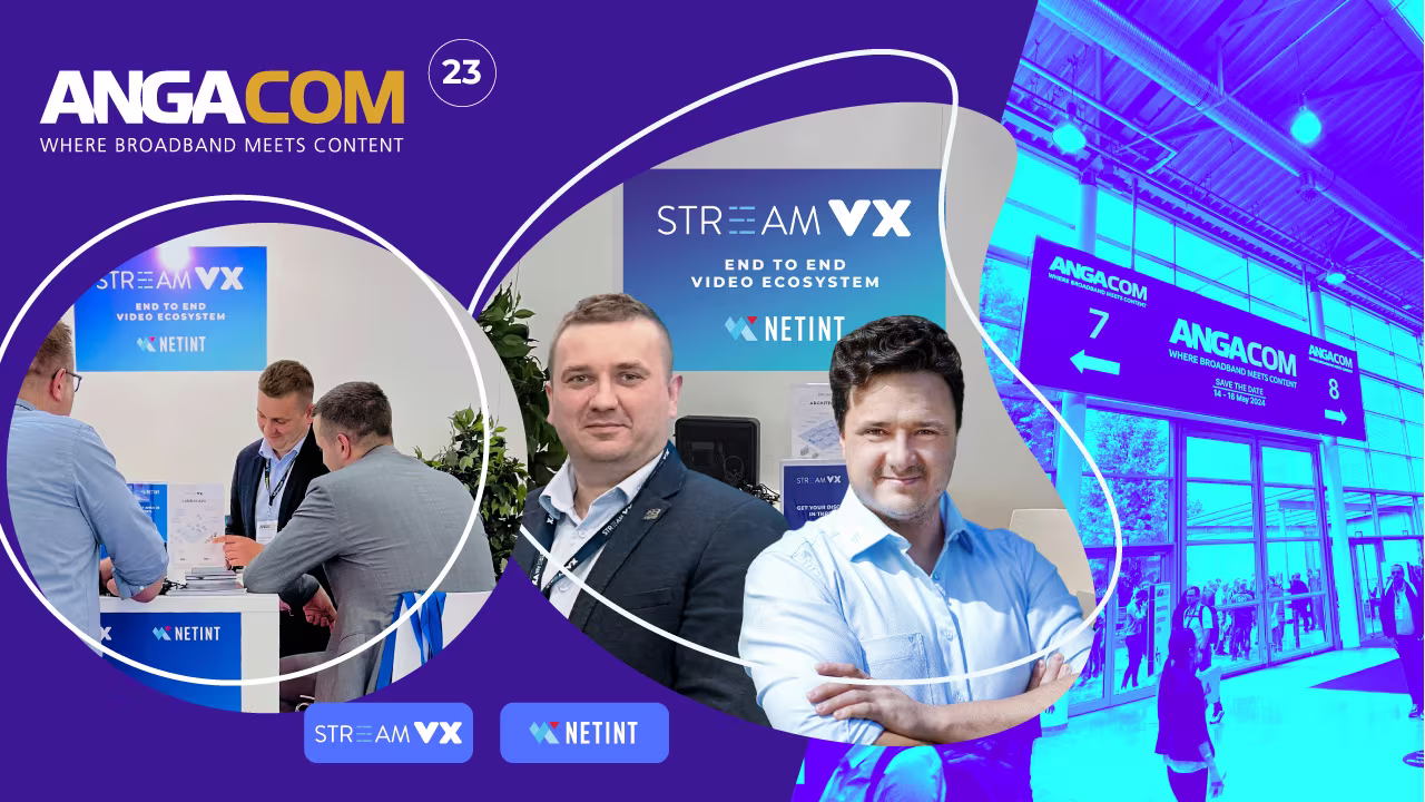 Main illustration of the ANGA COM 2023 recap: the StreamVX and NETINT team at the stand and the ANGA COM entrance in Cologne