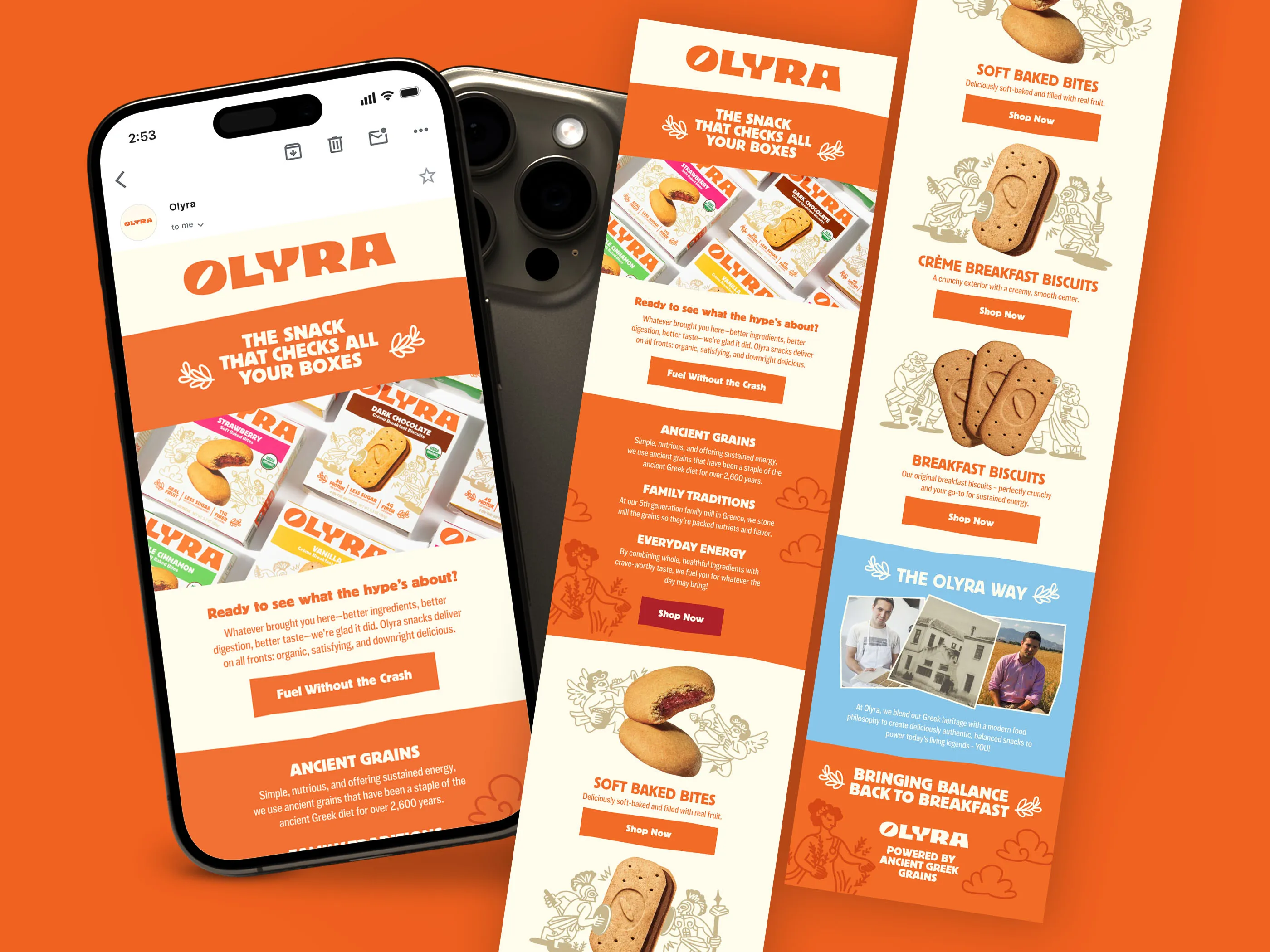 cpg email design for snack bar brand olyra