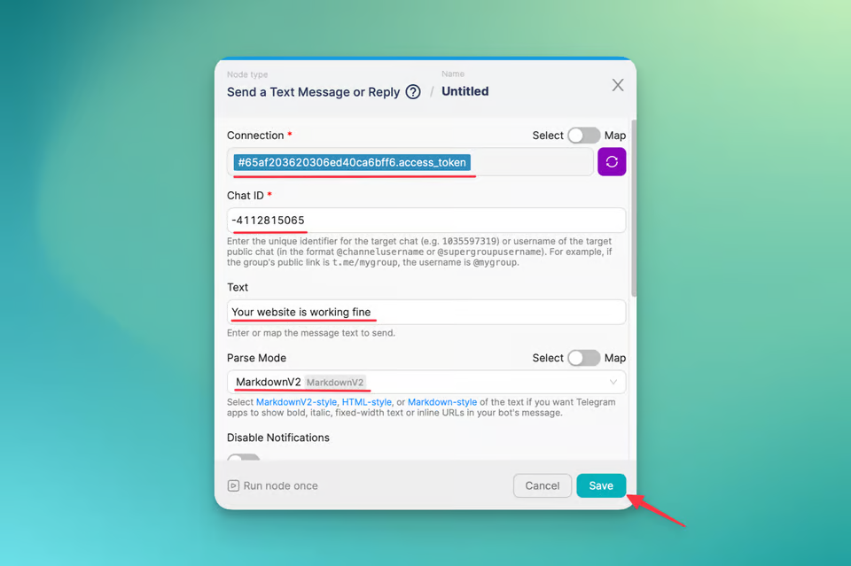 Ilustración de la configuración de los nodos de Telegram