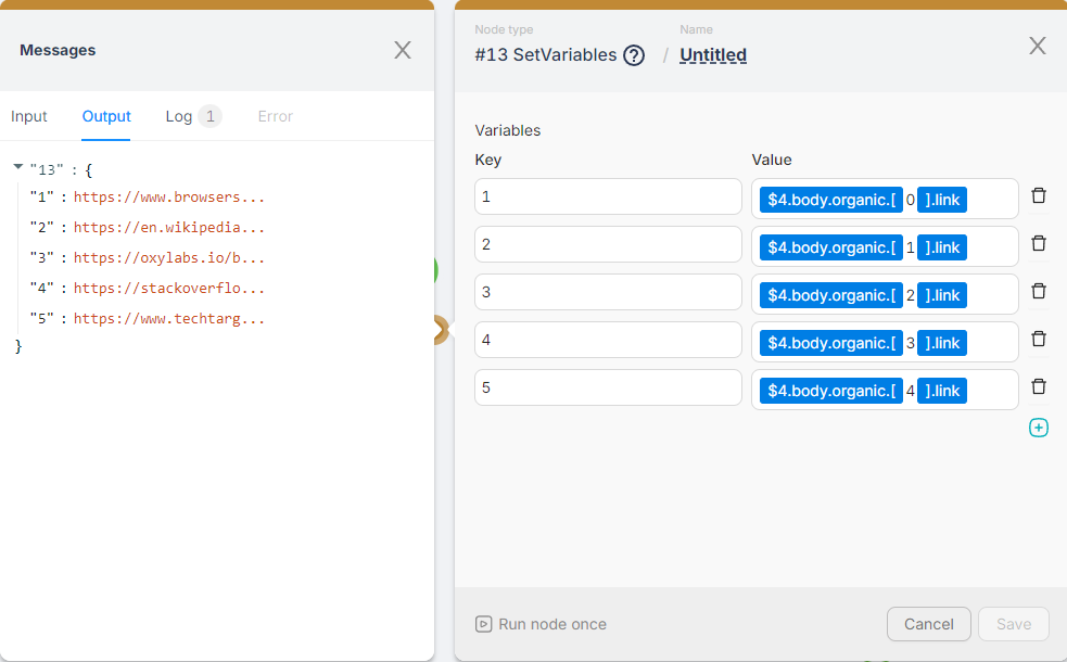 Node configuration interface showing extracted URLs from a web search being assigned to variables. The output lists five URLs, each corresponding to a variable key for further steps in the automation workflow.