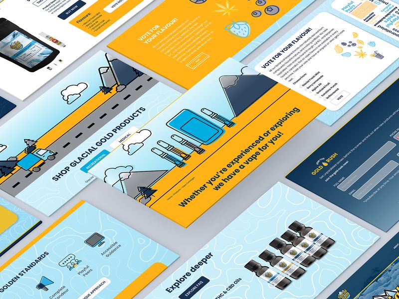 Website design and digital branding showcase for CPG cannabis brand Highrise featuring illustrative product graphics for seltzers and gummies across desktop mobile and tablet interfaces