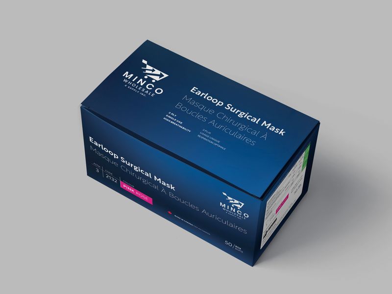 Retail packaging design mockup for disposable face mask box, 3D product prototype optimized for trade marketing and CPG health brand presentations