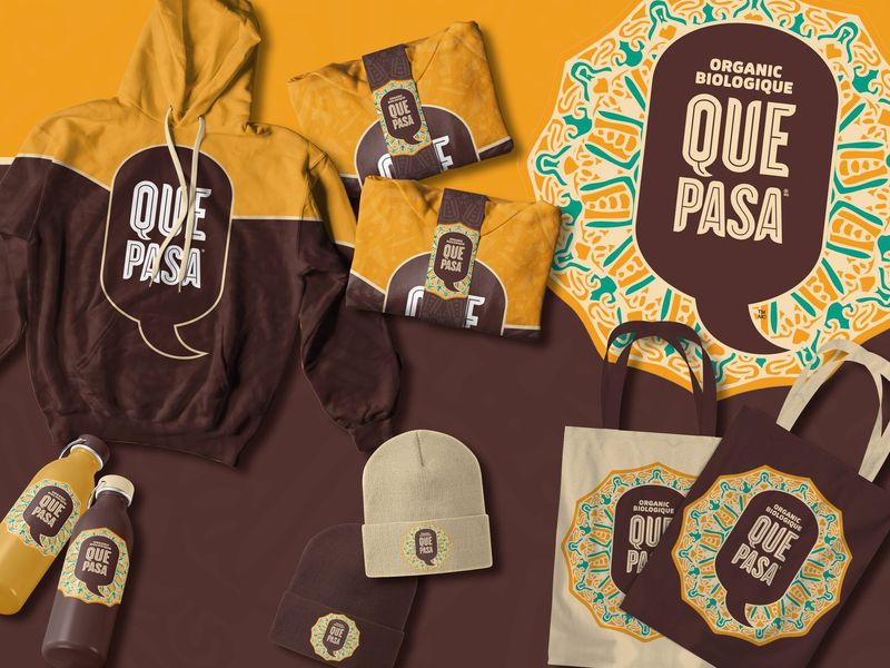 Branded merchandise kit design for CPG snack brand Olyra featuring promotional apparel tote bag and product samples for trade marketing and event activations