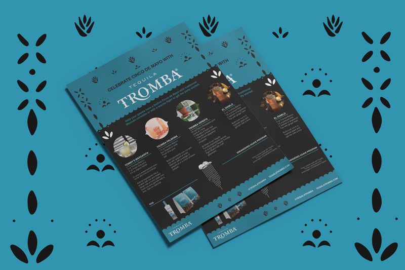 Sell sheet design for Tequila 512 Cinco de Mayo promotion, trade marketing flyer with cocktail recipe and product details used for retail and event marketing