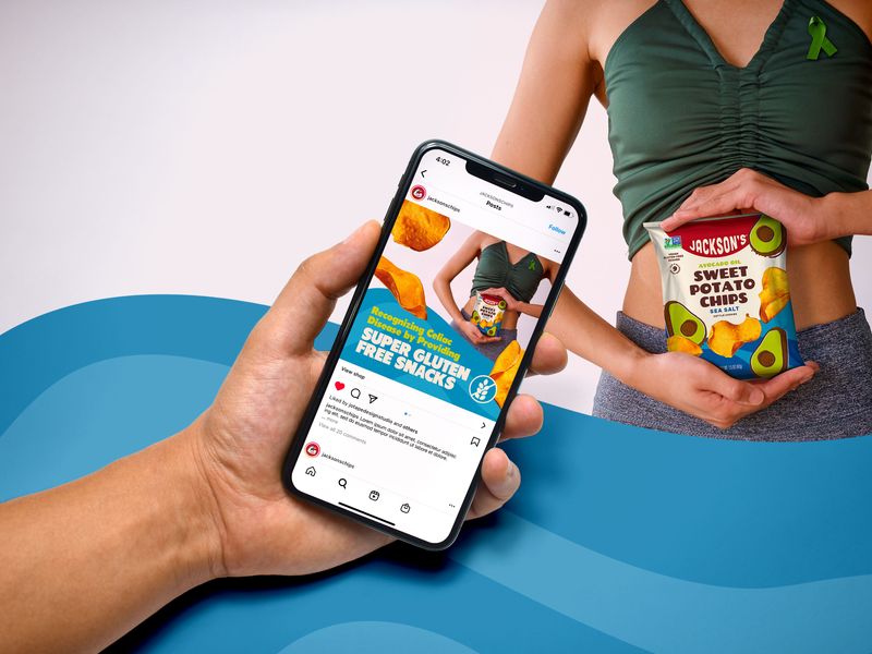 Promotional graphic design and event signage for Celiac Disease Awareness Month, gluten-free snack brand marketing asset for trade shows and retail promotions