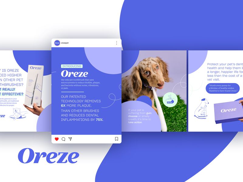 Social media ad design for pet care brand Oreze, Instagram carousel layout optimized for product introduction, educational content, and brand storytelling