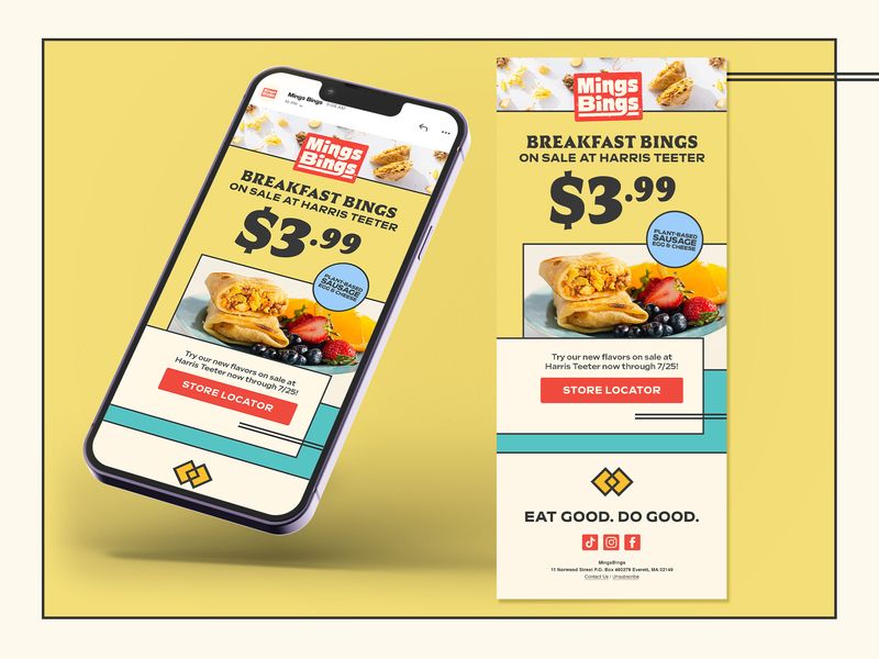 Promotional email design for CPG brand Mings Bings, e-commerce email marketing layout optimized for retail promotions and product sales