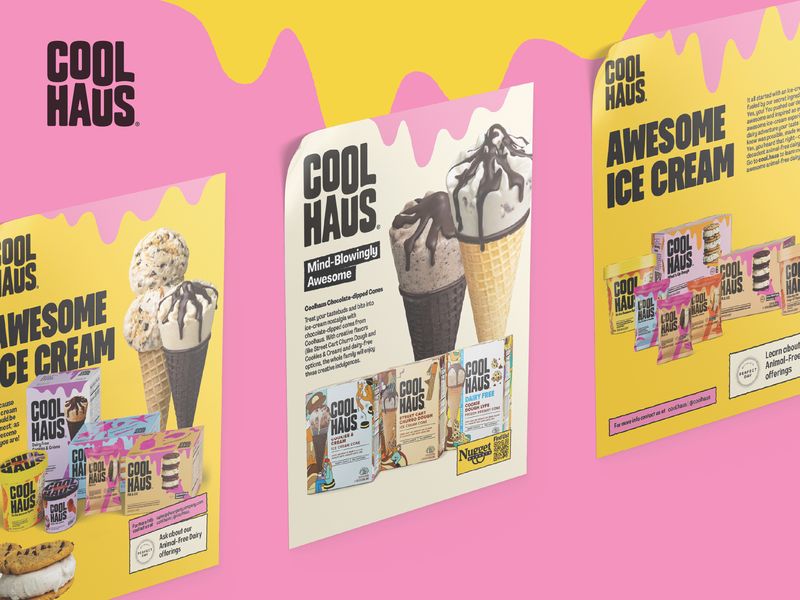Retail poster design and point-of-sale graphics for CPG snack brand Cool Haus, trade marketing assets for events and retail promotions featuring ice cream cones and sandwiches