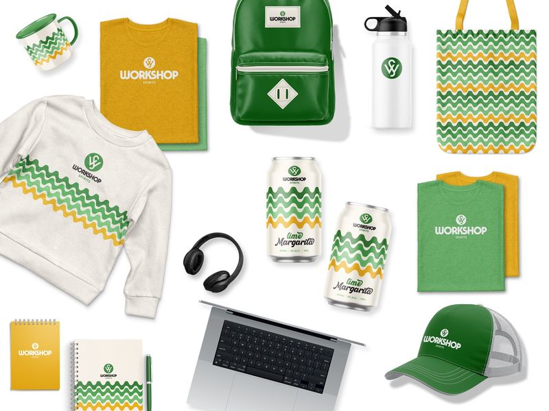 Branded merchandise design for Workshop Spirits, collection of promotional swag including apparel, bags, drinkware, and notebooks optimized for brewery events and retail promotions