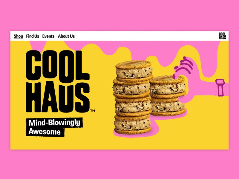 Website hero image design for CPG brand Cool Haus, e-commerce web layout with bold typography and illustrative product visuals for digital marketing