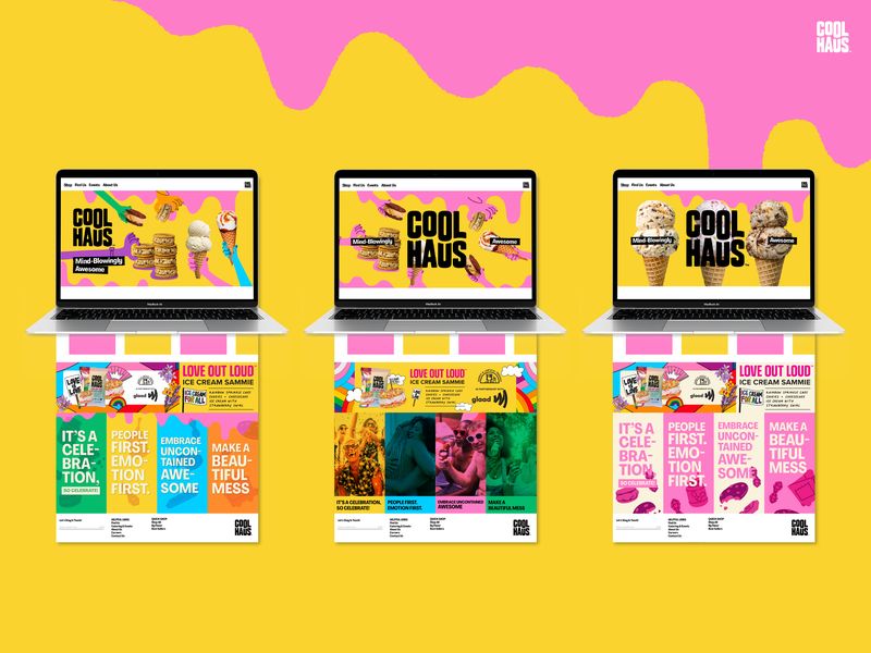 Web design and digital marketing assets for CPG ice cream brand Coolhaus, bright and bold e-commerce layouts for promotional campaigns and brand storytelling