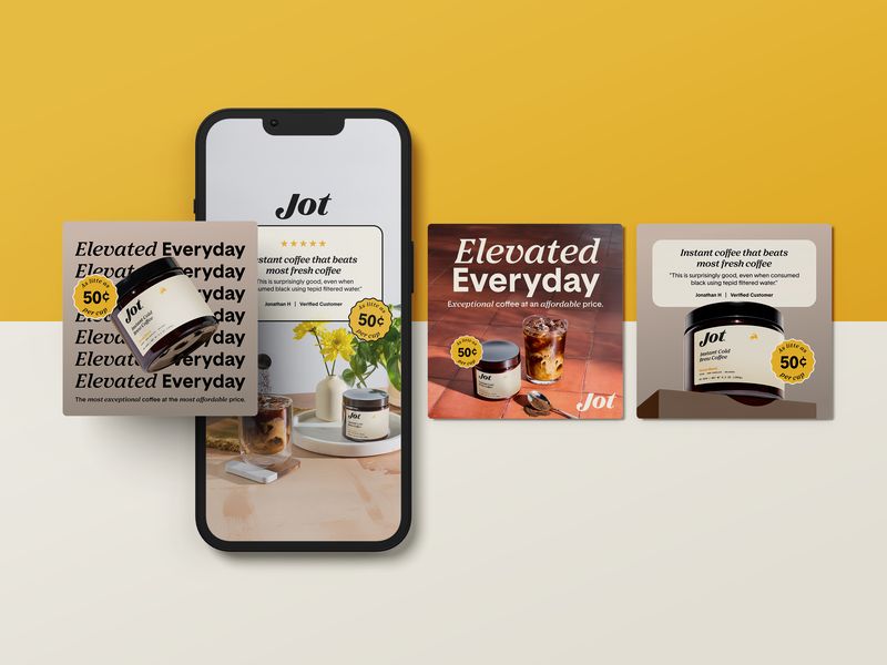 Social media advertising design for CPG coffee brand Jot, paid social creatives including feed posts and story formats optimized for digital marketing campaigns