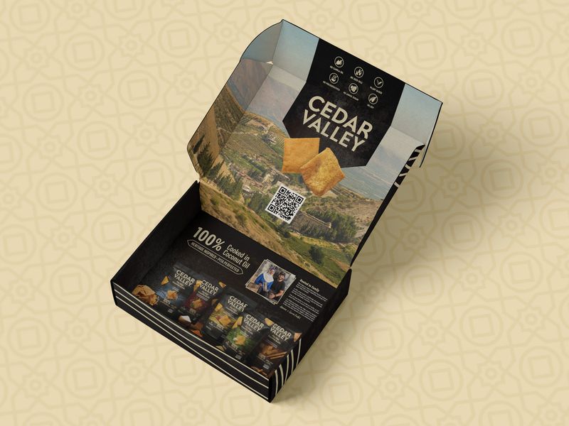 Custom packaging design for Cedar Valley influencer box, promotional kit for CPG snack brand with branded graphics and product samples