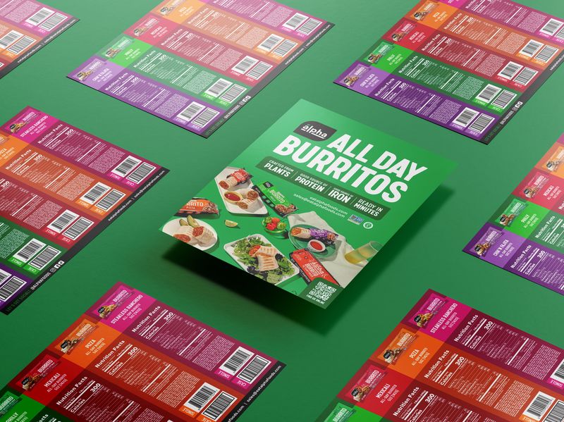 CPG sell sheet design and sales collateral layout featuring product imagery key benefits and nutritional specification sheets for trade marketing