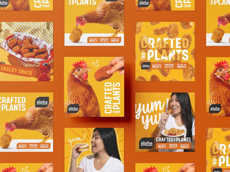Social media ad design for CPG brand alpha, square digital advertising campaign layouts targeting Gen Z with bold typography and plant-based food photography for Facebook and Instagram