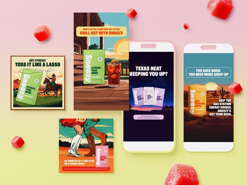 Social media content design collection for CBD gummy brand Snoozy, including Instagram posts, stories, and mobile ads optimized for DTC digital marketing and brand storytelling