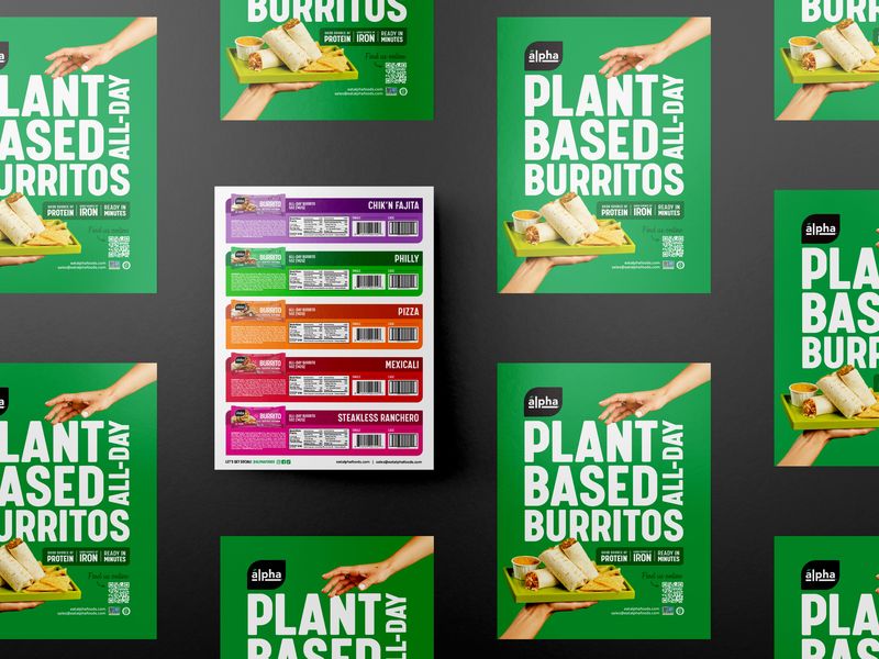 Sell sheet design and trade marketing assets for Alpha Foods plant-based burritos used in retail promotions and sales calls