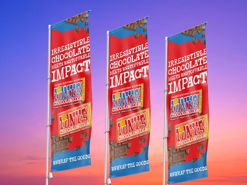 Event banner and trade show flag design for CPG chocolate brand, vertical outdoor advertising graphics for experiential marketing and retail promotions
