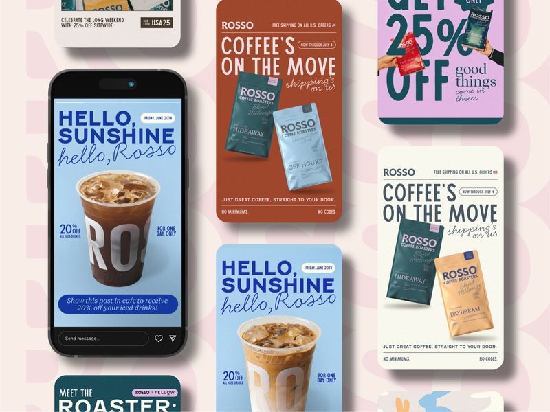 Social media story design for Rosso Coffee Roasters, promotional graphics for digital marketing campaigns, product launches, and special offers
