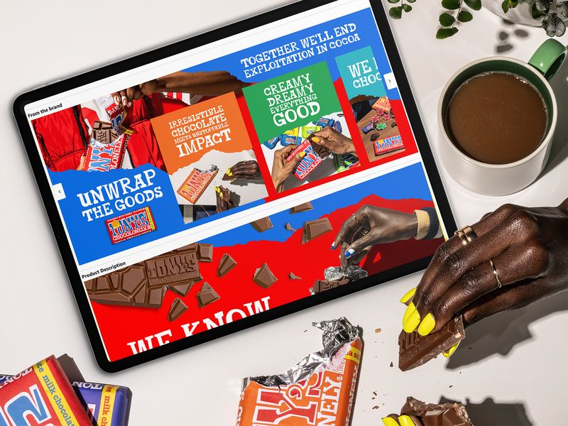 E-commerce web design and digital brand experience for CPG snack brand Tony's Chocolonely featuring a vibrant block layout and product messaging optimized for engagement