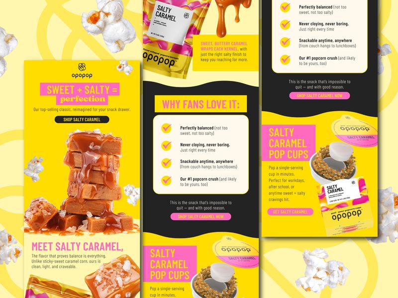 Email design for CPG snack brand, e-commerce email marketing layouts optimized for product launches and promotional campaigns