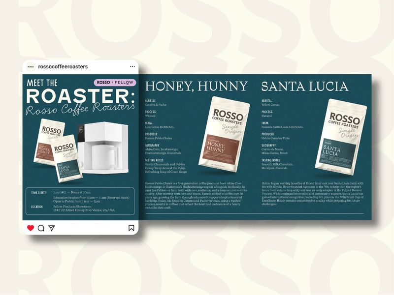 Social media carousel design for Rosso Coffee Roasters, digital marketing asset for Meet the Roaster event promotion and product highlights, optimized for Instagram engagement