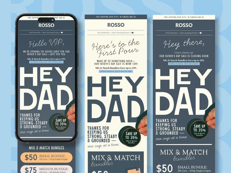 Email design for coffee brand Rosso, Father's Day promotional campaign layouts for mobile and desktop, e-commerce email marketing for CPG beverage