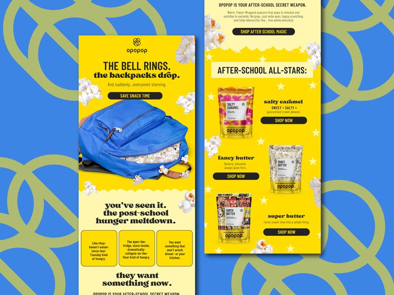 Email design for DTC popcorn brand Opopop, e-commerce email marketing layout optimized for back to school promotions and product discovery