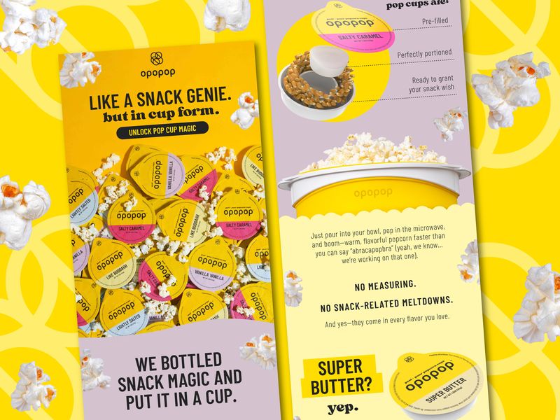 Email design for CPG brand Opopop, e-commerce email marketing layout optimized for product launch and brand storytelling
