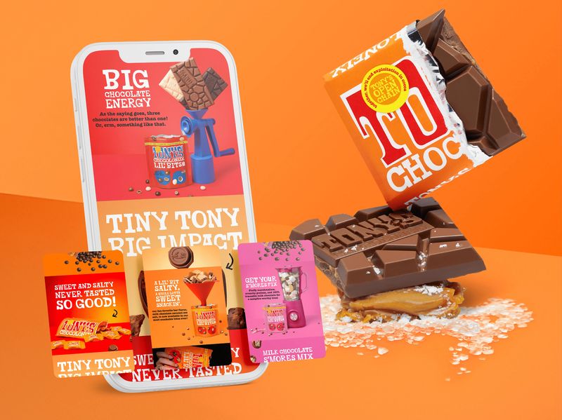 Social media ad design for Tony's Chocolonely, Instagram ad creative for CPG chocolate brand featuring product visuals and promotional messaging