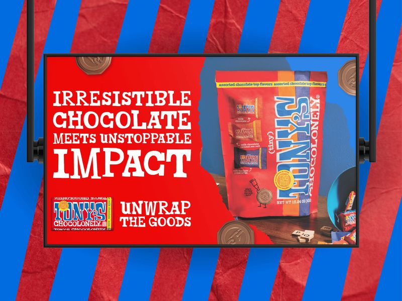Digital display advertising design for Tony's Chocolonely, retail signage and trade show graphics optimized for high-traffic environments and brand awareness
