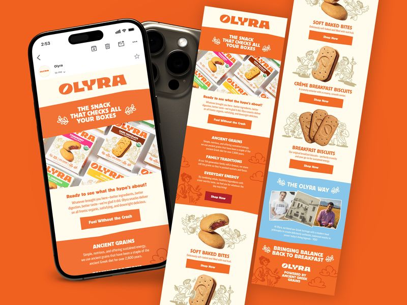 Email design for CPG snack brand Olyra, e-commerce email marketing layout optimized for product launches, brand storytelling, and conversion-focused campaigns