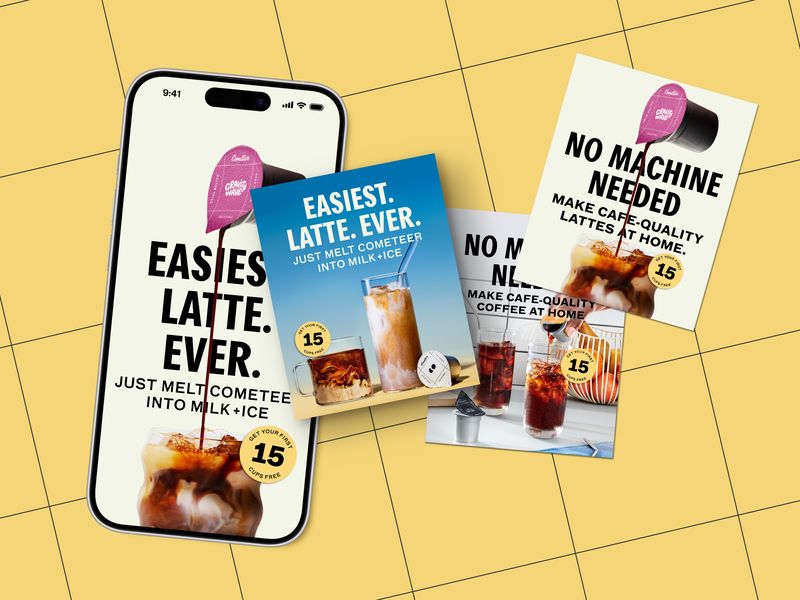 Social media advertising design for DTC coffee brand Cometeer, digital ad creatives optimized for Instagram and Meta platforms featuring product usage and promotional messaging
