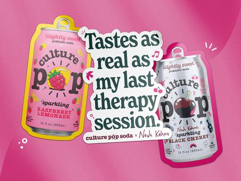 Expo sticker design for Culture Pop probiotic soda brand, die-cut sticker-style cans of Raspberry Lemonade and Noah Kahan collaboration Black Cherry flavors on hot pink background with Tastes As Real As My Last Therapy Session headline