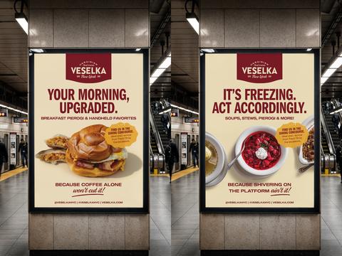NYC subway poster ads for Veselka Ukrainian restaurant, two Grand Central Terminal platform posters with Your Morning Upgraded breakfast pierogi ad and Its Freezing Act Accordingly soups and borscht ad on cream backgrounds with maroon typography