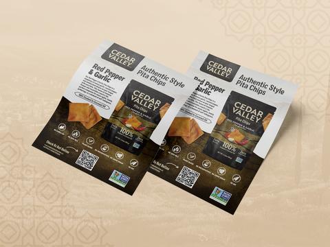 Double-sided sell sheet for Cedar Valley pita chips brand, two overlapping flyers on beige background featuring Red Pepper and Garlic flavor with product photography, flavor description, clean-ingredient badges, and QR code