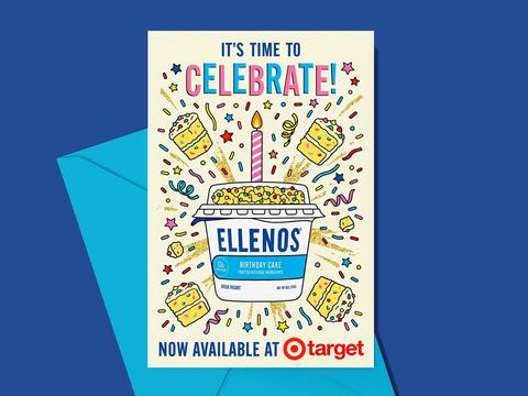 Illustrated celebration card for Ellenos Birthday Cake Greek Yogurt, hand-drawn party-themed design with confetti sprinkles cake slices and candle topped yogurt cup announcing Now Available At Target on blue envelope background