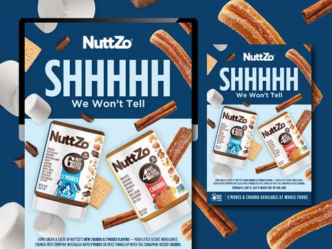 Desktop and mobile ad designs for NuttZo nut and seed butter brand, Shhhhh We Won't Tell headline announcing new S'mores and Churro flavors with product jars, marshmallows, churros, and cinnamon sticks on blue background with Available at Whole Foods callout
