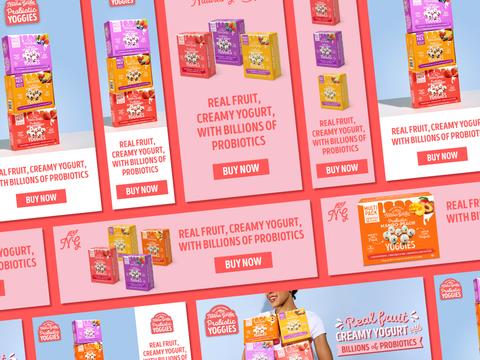 Digital banner ad suite for Nature's Garden Probiotic Yoggies snack brand, multiple banner sizes in pink coral and blue featuring Mixed Berry Strawberry and Mango Peach multi-pack boxes with Real Fruit Creamy Yogurt With Billions of Probiotics headline